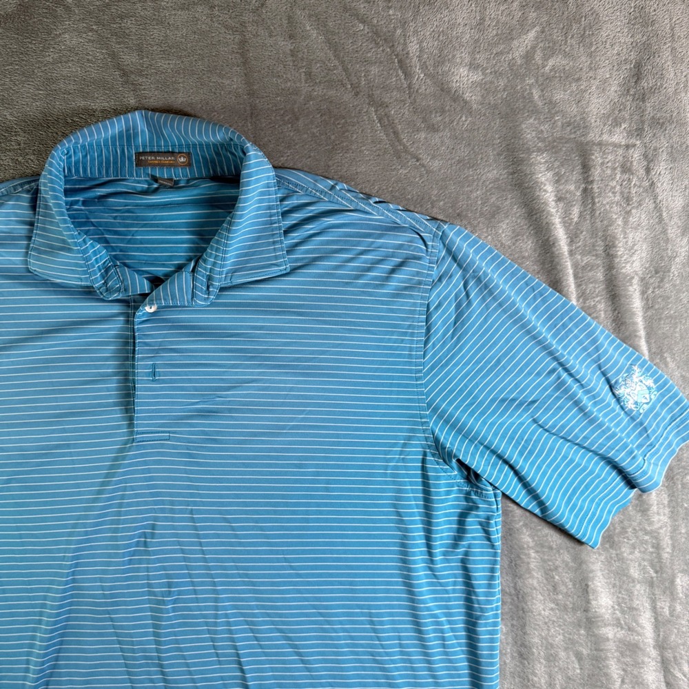 Peter Millar Summer Comfort Golf Polo Shirt Mens XL Blue Striped CCR Crest Logo